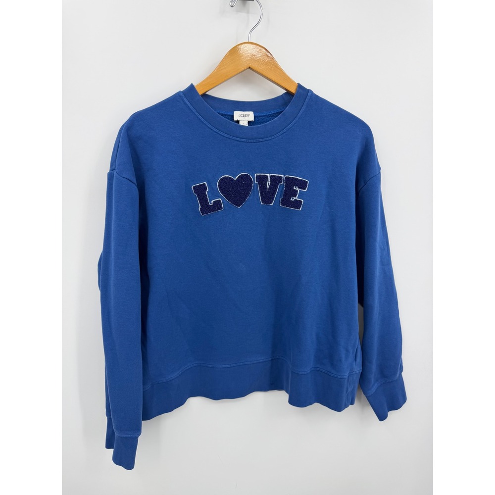J.Crew LOVE Chenille Patch Sweatshirt Womens L Blue Heart Graphic CO296‎
